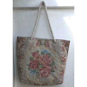 Embroidered Floral Shoulder Bag Zippered Rope Handle Boho Cottagecore Pocketbook